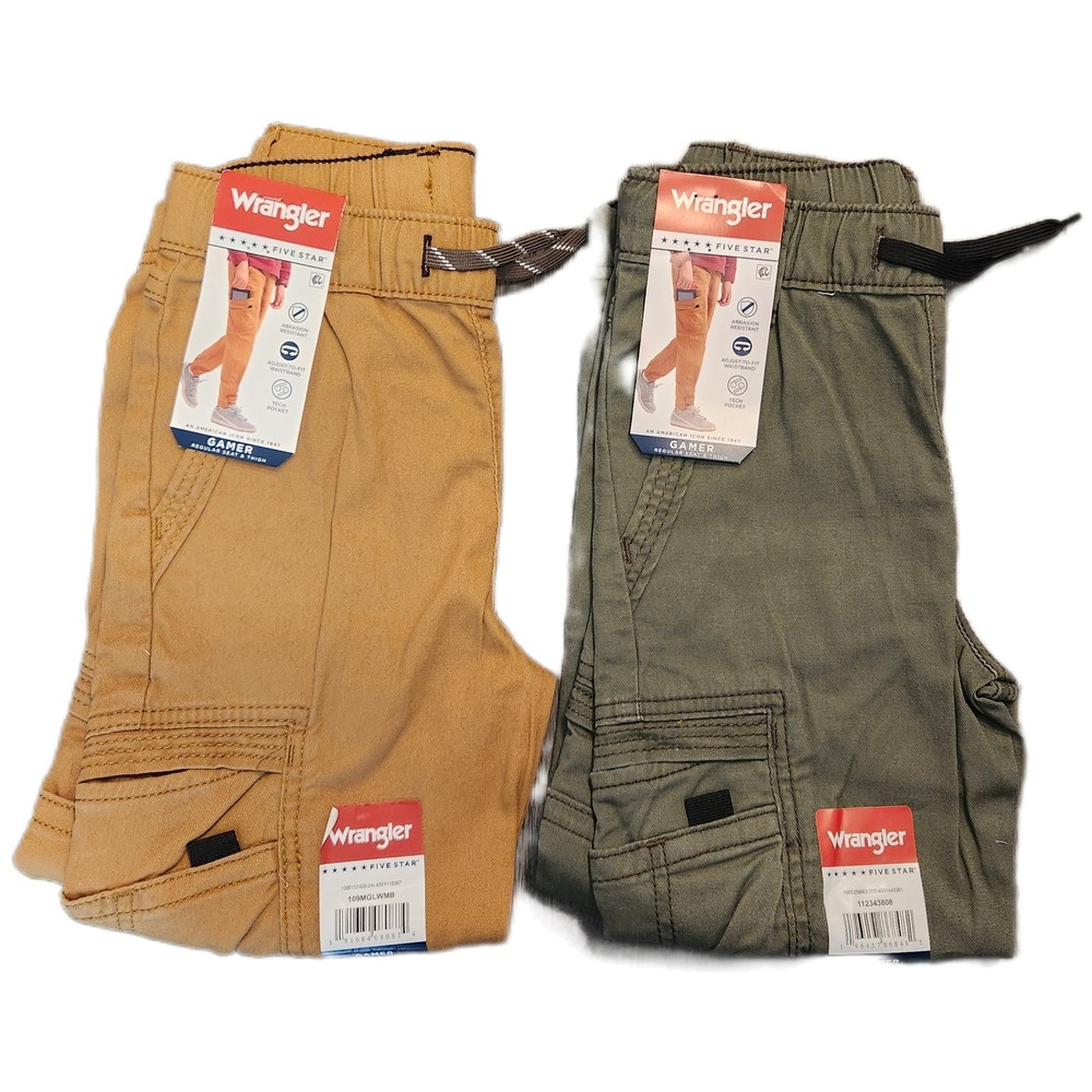 Wrangler Five Star Gamer Cargo Pants 2 Pack Tan Olive Green Boys Size 6 Slim NWT